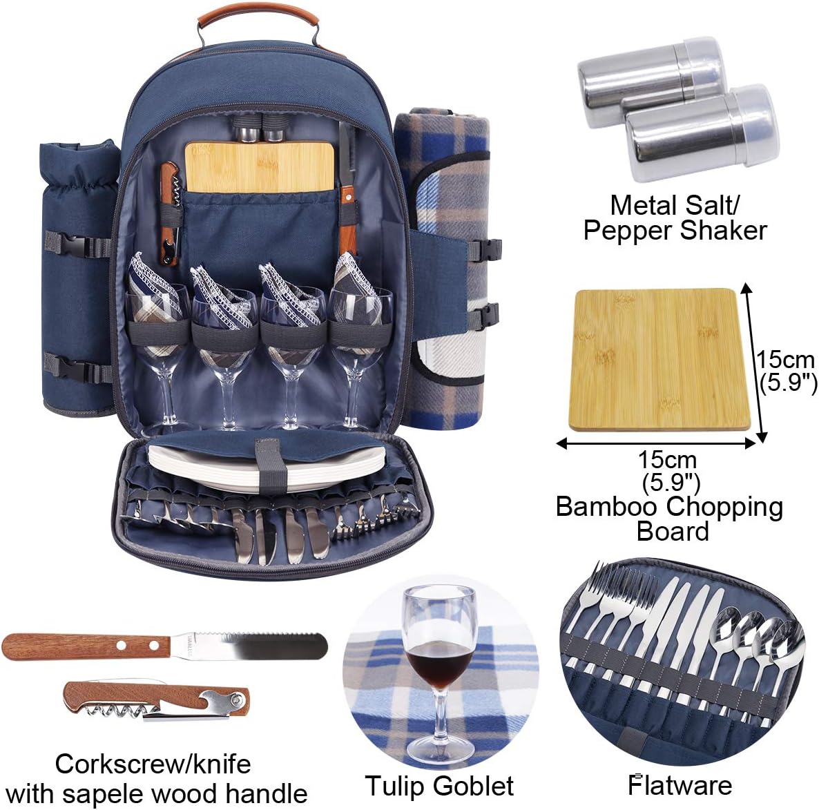Sunflora 4 Person Insulated Picnic Backpack Rucksack with Blanket & Stainless Steel Tableware for Camping Picnic Hiking and BBQ (Navy Blue) - Image 4