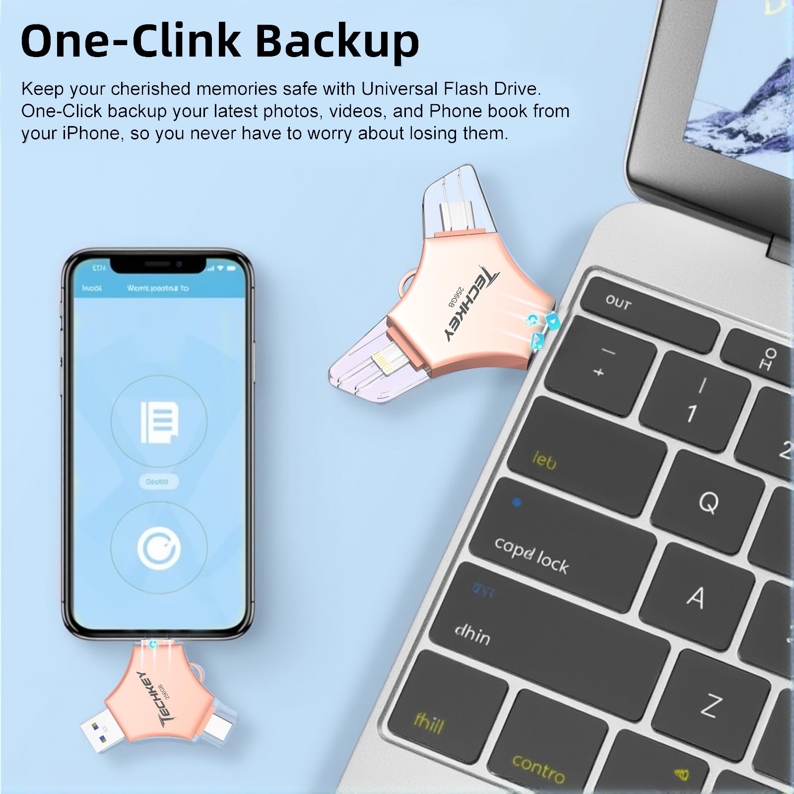 MFi Certified USB 3.0 Flash Drive 256GB for iPhone 3in1 External Memory Photo Keeper Storage Stick for Picture/Video/Data Saver/Backup High Speed Thumb/Jump/Hard Drives for iPad/Android/PC (Rose Gold)