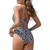 ZAFUL Women's One Piece Swimsuit Tummy Control Slimming Swimwear Floral Double-Strap Back Cut Out Bathing Suit