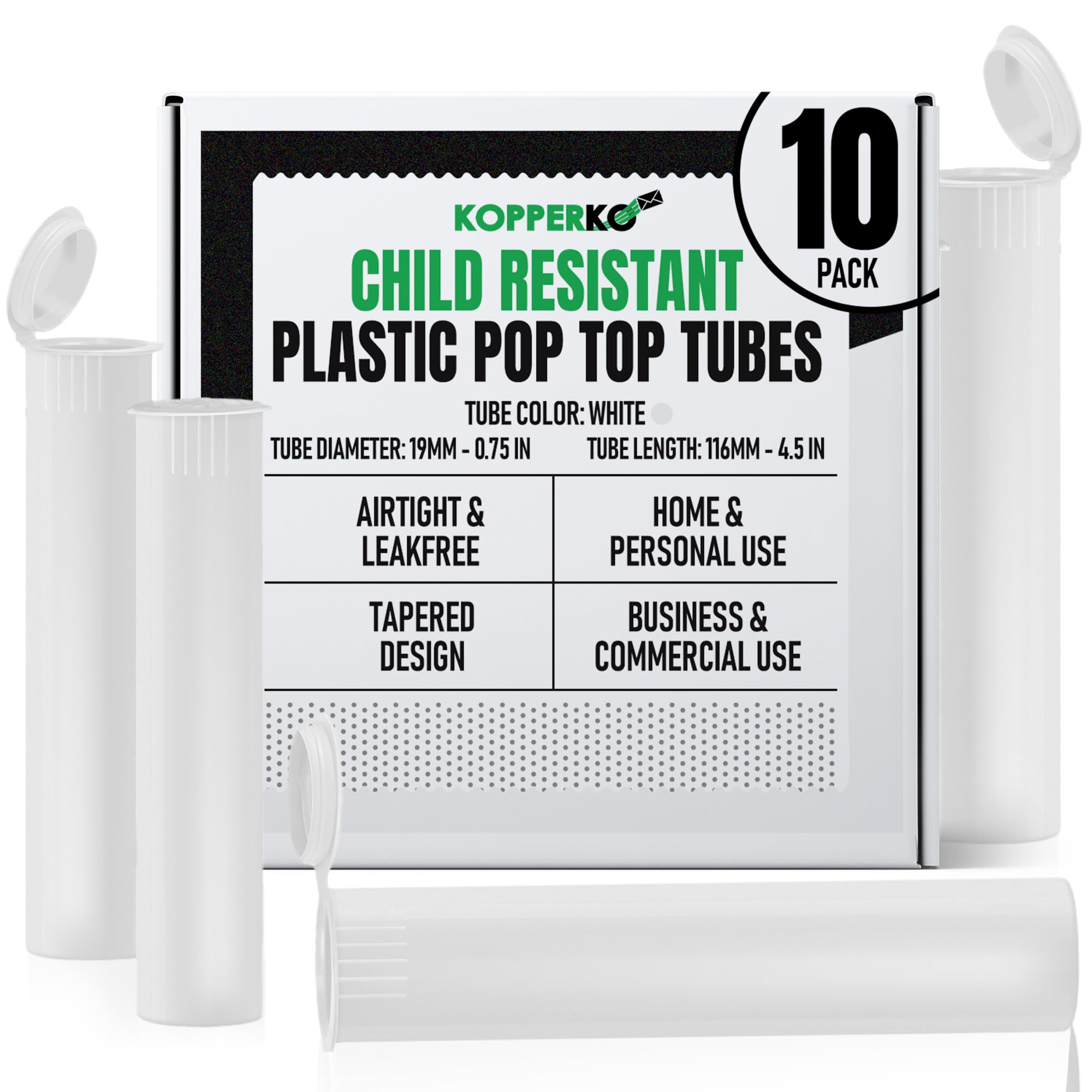 Photo 1 of Kopperko Pop Top Tubes (116mm, 4.6 Inch 10-Pack) | Child Resistant Small Pill Bottles for Travel | Waterproof Tube for Spices | Airtight, UV Resistant & Waterproof (White Plastic)