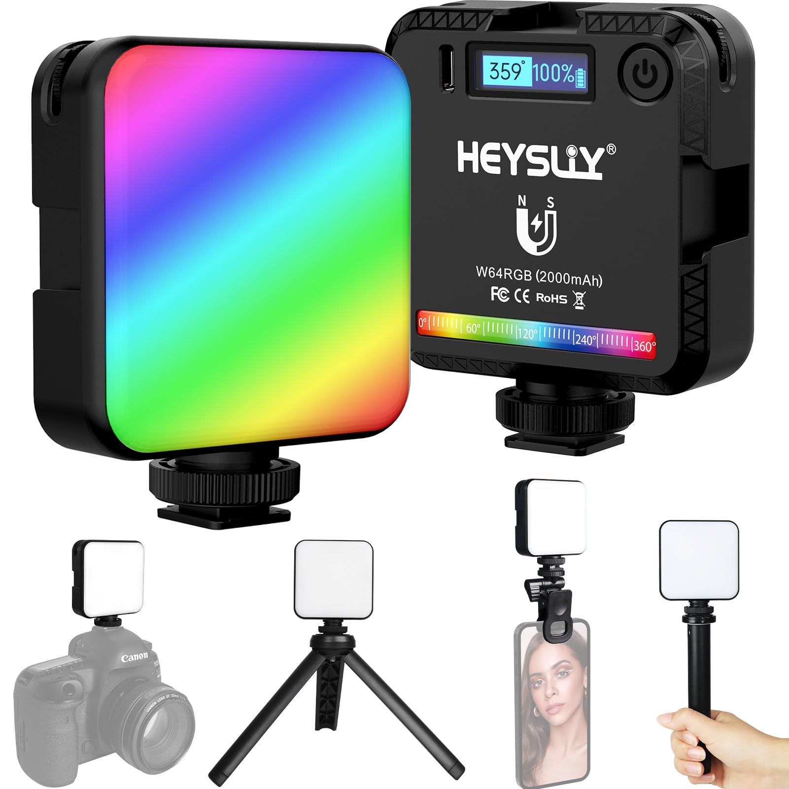 Heysliy RGB Video Light, Camera Light 360° Full-Color with Mini Tripod & Clip, 2500K-9000K Dimmable/20 Scene Modes/2000mAh Rechargeable, Portable Small LED Light Panel for Photography, Video, Selfie
