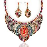 Zhlichouy African Jewelry Sets for Women Boho Tribal Retro Statement Choker Necklace and Dainty Dangle Earring Set Multicolor Ethnic Style Chunky Bib Collar Costume Jewelry Accessories for Women