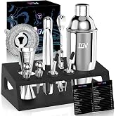 IOV Mixology Bartender Kit with Stand | 12-Piece Cocktail Shaker Set | 24oz Martini Shaker Set for Drink Mixing | Bar Set Includes All Bar Tools and Recipe Booklet | Fun Housewarming Gift (Silver)