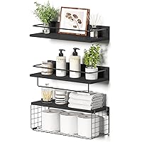 Bathroom Shelves with Wire Storage Basket, Wood Wall Mounted Floating Shelves Over Toilet Paper Holder with Towel Bar for Bed