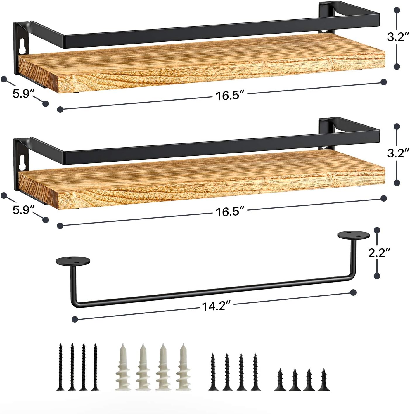 Amada Rustic Floating Shelves Wall Mounted, Solid Paulownia Wood Set of 2 for Kitchen, Bathroom, and Bedroom, Decorative Storage Shelf with Removable Towel Holder, Strong Black Metal Frame: Furniture & Decor
