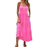 Halife Womens Flowy Tiered Maxi Dress Sleeveless Summer Sundresses Adjustable Straps Long Beach Sun Dresses with Pockets