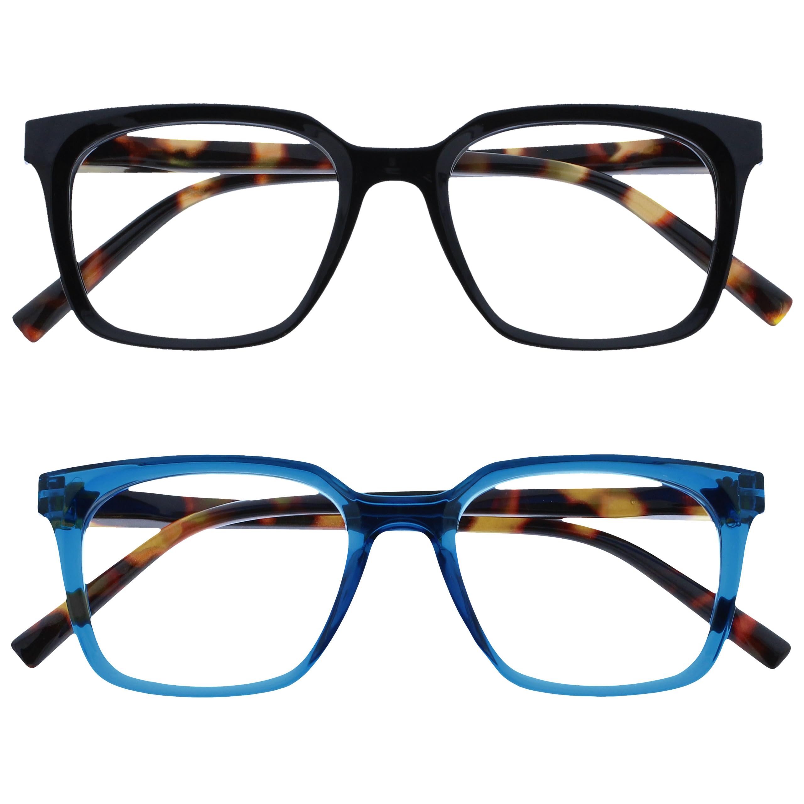 OPULIZE KOI Reading Glasses 2 Pack - Large Rectangular Frame - Black-Blue - Mens Womens - Spring Hinges - RR50-13 - +2.00