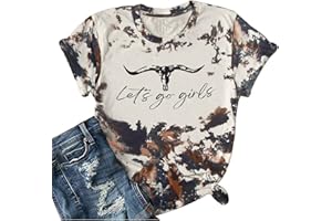 BANGELY Let's Go Girl Shirt Women Western Bleached T-Shirt Retro Country Music Tee Shirt Cowgirls Shirts Short Sleeve Tops