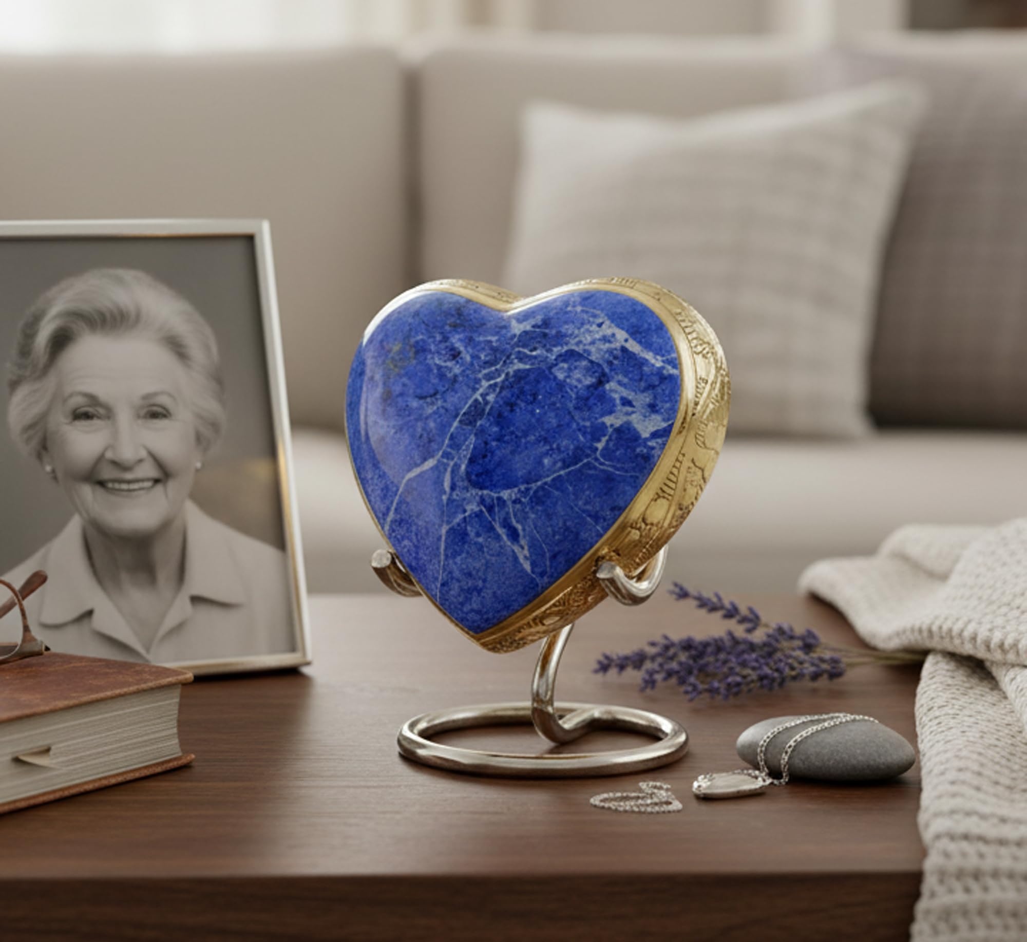 eSplanade Brass Mini Cremation Urn Heart-Shaped Keepsake Memorial Jar Pot Container | Small Urn for Funeral Ashes Burial | Stone Textured Keepsake with Stand | Blue - 2.75" Inches โ image 1