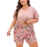 MUKVIK Plus Size Pajamas for Women Set, 2 Piece Womens Plus Size Short Sleeve V Neck Top and Shorts Pajama Sets with Pockets