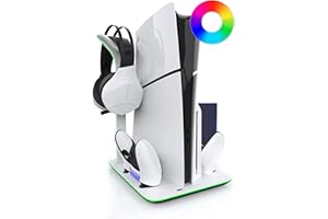 Foamy Lizard PS5 Slim Vertical Stand | Cooling Station, RGB Lighting, Magnetic Fast Charging, Headphone Hook, USB Power Cable, Digital/Disc Edition Controller Overcharge Protection for PlayStation 5