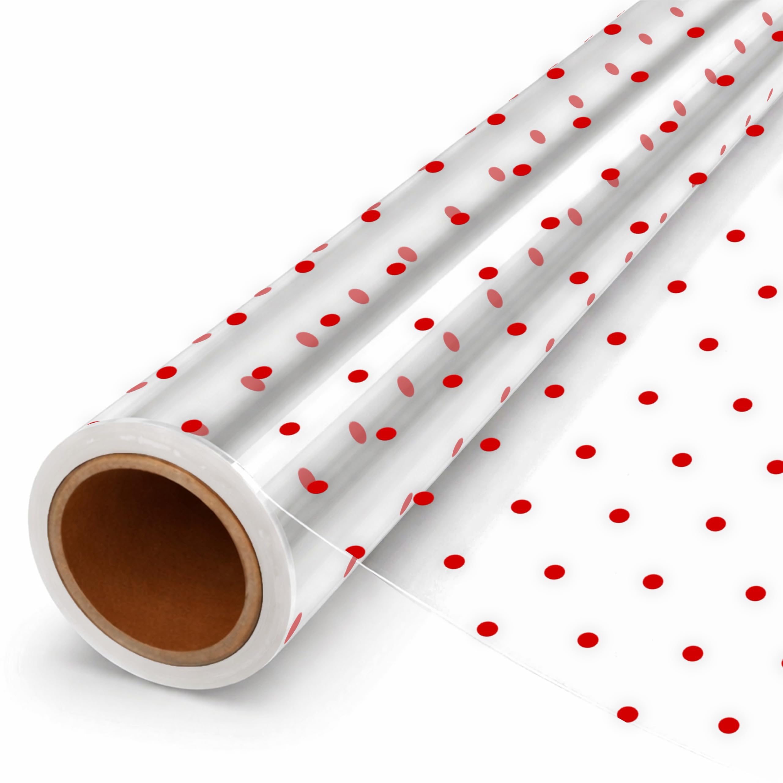 15m Christmas Cellophane Wrap, Clear Cellophane Wrap with Red Dot Design for Hampers, Cellophane Roll for Gift Baskets and Christmas Gifts, Cellophane Roll (40cm Wide)