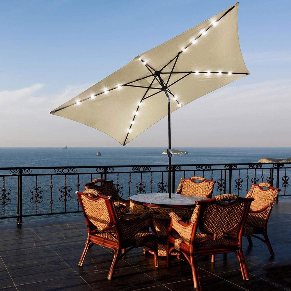 Amazon Com Yeshom 10x6 5ft Rectangle Patio Solar Powered Led Umbrella Tilt And Crank Outdoor Sunshade For Garden Backyard Beige Garden Outdoor
