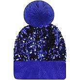 Caviotess Women Sparkly Sequins Knitted Beanie Hat Warm Winter Skull Cap with Faux Fur Pom Pom