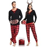 YOPUGEE Men & Women Pajama Sets for Couples Long Sleeve Sleepwear Plaid Pants with Pockets Xmas Pjs Black & Red Plaid S