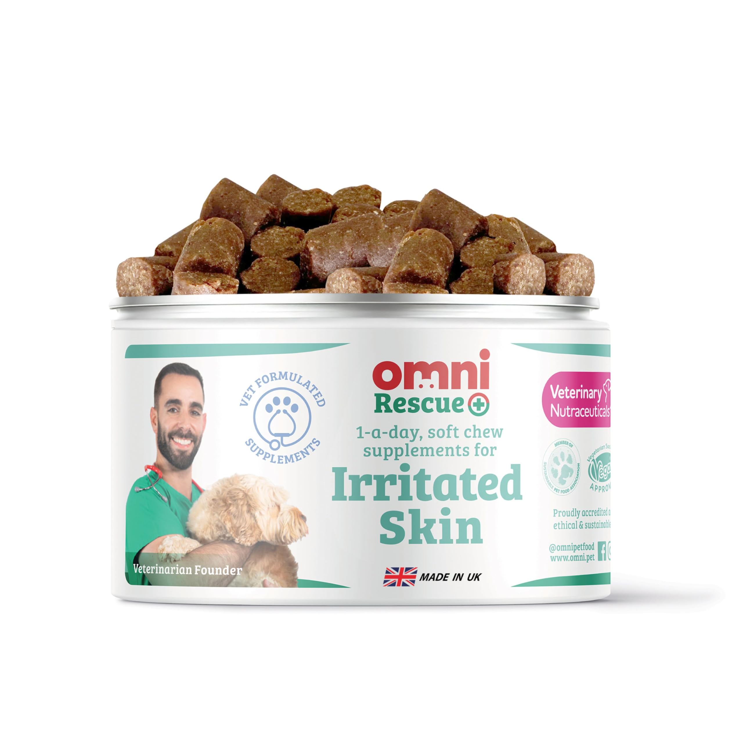 Omni Irritated Skin Relief Supplement - Dragons’ Den Winners, One-a-Day Supplements with Algae to Help Protect and Hydrate the Skin, Allergy Relief for Dogs, 30 Servings, Medium 15-30 Kg