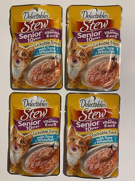 DELECTABLES SENIOR STEW TUNA & WHITEFISH LICKABLE TREATS FOR CATS (4-POUCHES) (NET WT 1.4 OZ EACH)