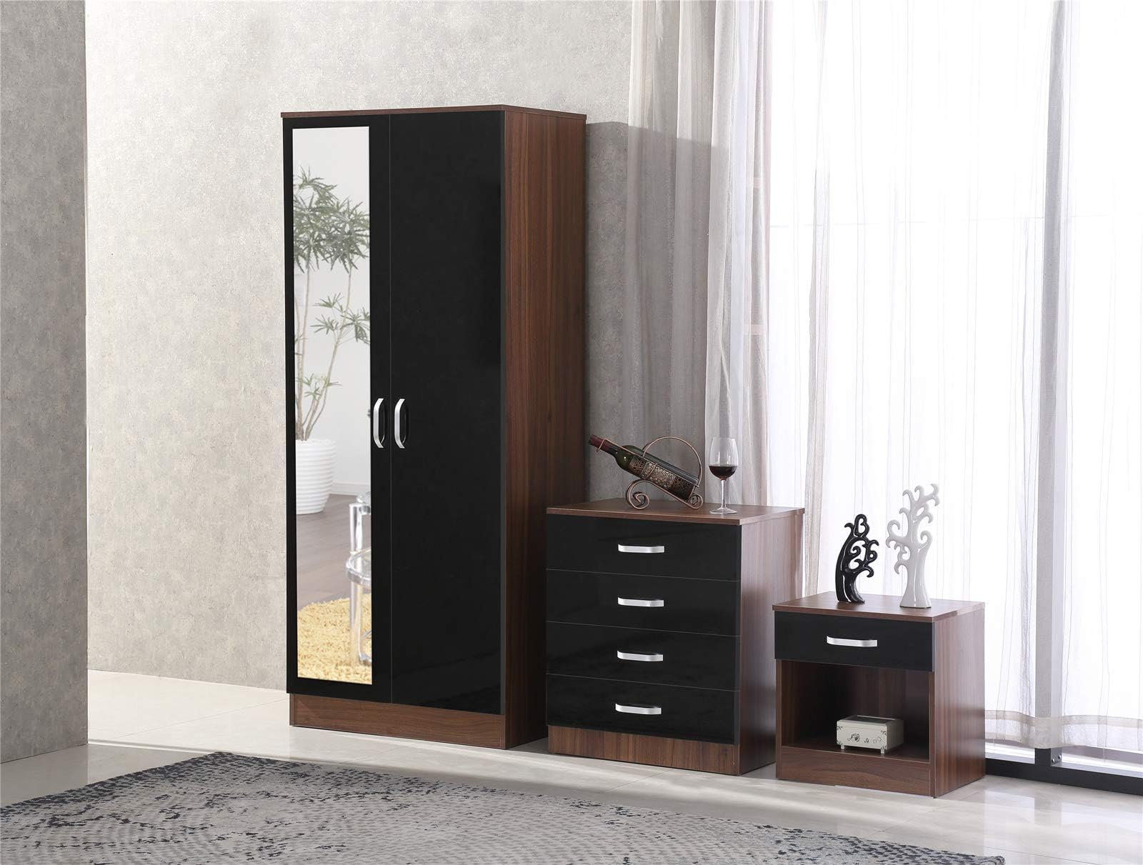 Fairpak Gladini High Gloss Mirrored 3 Piece Bedroom Furniture Set - Includes Wardrobe, 4 Drawer Chest, Bedside Cabinet - (Black/Walnut)