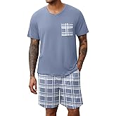 Ekouaer Mens Pajamas Set Soft Lounge Set V Neck Sleep Nightwear Short Sleeve Pjs with Pocket S-XXL