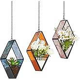 Yaomiao 3 Pcs Stained Glass Hanging Plant Terrariums Hanging Glass Planter Small Geometric Terrarium Air Plant Terrarium with Chain for Succulent Moss Holders Garden Wall Windowsill (Vivid Color)