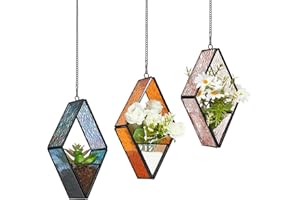Yaomiao 3 Pcs Stained Glass Hanging Plant Terrariums Hanging Glass Planter Small Geometric Terrarium Air Plant Terrarium with Chain for Succulent Moss Holders Garden Wall Windowsill (Vivid Color)