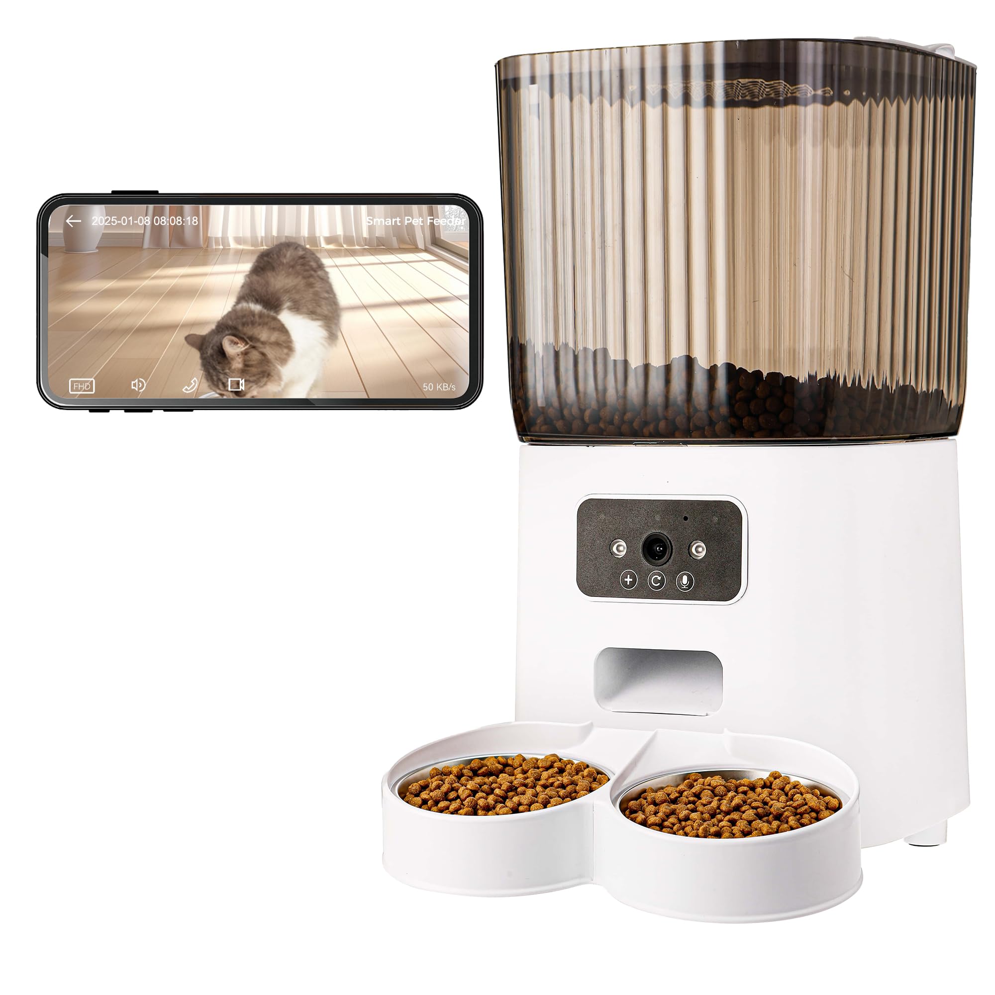 Photo 1 of Automatic Cat & Dog Feeder with Camera, Ultra Clear Video Night Vision, APP Control, Two-Way Voice Interaction. Large Capacity Food Storage, Picture Motion Detection, Timing Feeding (5L-Double-Bowl)