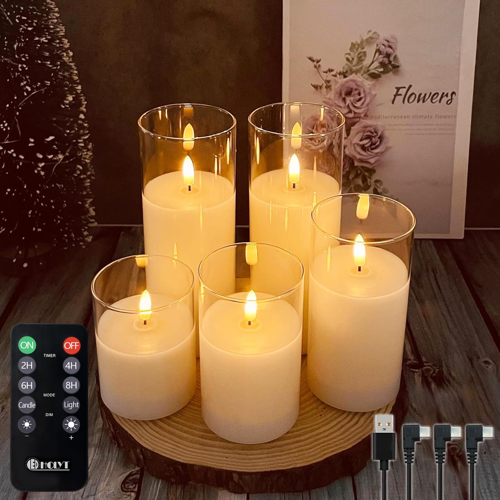 Photo 1 of LEDHOLYT Rechargeable Flameless Candle, Flashing LED Pillar Real Wax Candle with Remote Control and Timer, Teardrop Wick, Clear Glass Electronic Candles, 1 Set of 5