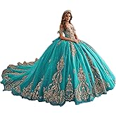 YuVanty Gold Appliques Quinceanera Dresses with Big Bow Gorgeous 15 16 Dress with Train Glitter Ball Gown YU018