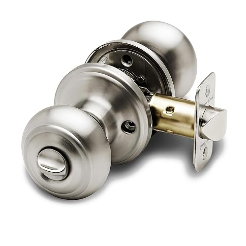 Copper Creek Polished Stainless Door Knobs - Round Colonial Knob with Privacy Locking Function for Home Improvement, 1 Pack - Fits All Standard Doors - Locking Door Knob for Bedroom and Bathroom Use