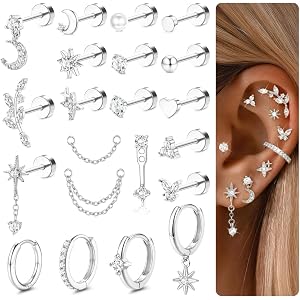 THUNARAZ 21Pcs Helix Piercing Jewelry 16G Hypoallergenic Flat Back Earrings Helix Hoops Tragus Studs Cartilage Earrings for W