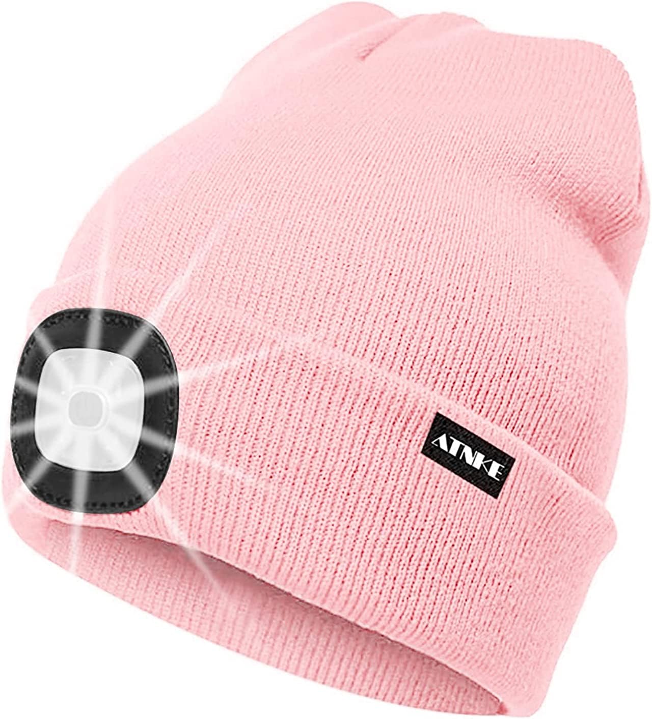 ATNKE LED Lighted Beanie Cap,USB Rechargeable Running Hat Ultra Bright 4 LED Waterproof Light Winter Warm Gifts for Men and Women/Light Pink
