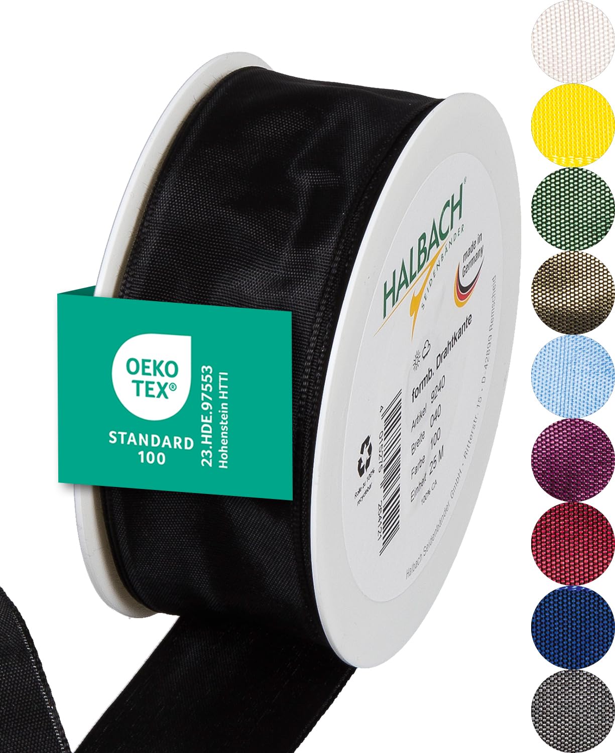 Halbach Seidenbänder Premium Gift Ribbon With Wired Edge - 40 mm Width, 25 m Length - Oeko-Tex 100 Certified Taffeta, Made in Germany - Black — image 1