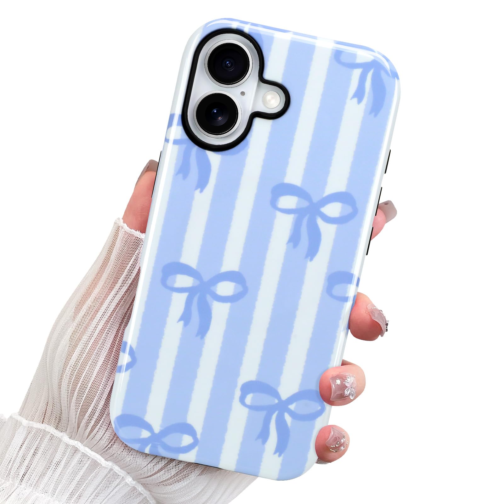 LEOMAKRON Designed for iPhone 17 Case Magnetic Cute Blue and White Striped Bow Pattern Phone Case [Compatible with Magsafe] Shockproof Protective for Girls Women