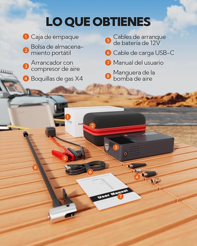 Arrancador de Baterías de Coche,Booster para Coche con Compresor de Aire Portátil 7en1,Arranque de Batería con Inflador para vehículo de 12000 mAh,Kit de Emergencia del Conductor con Linterna LED