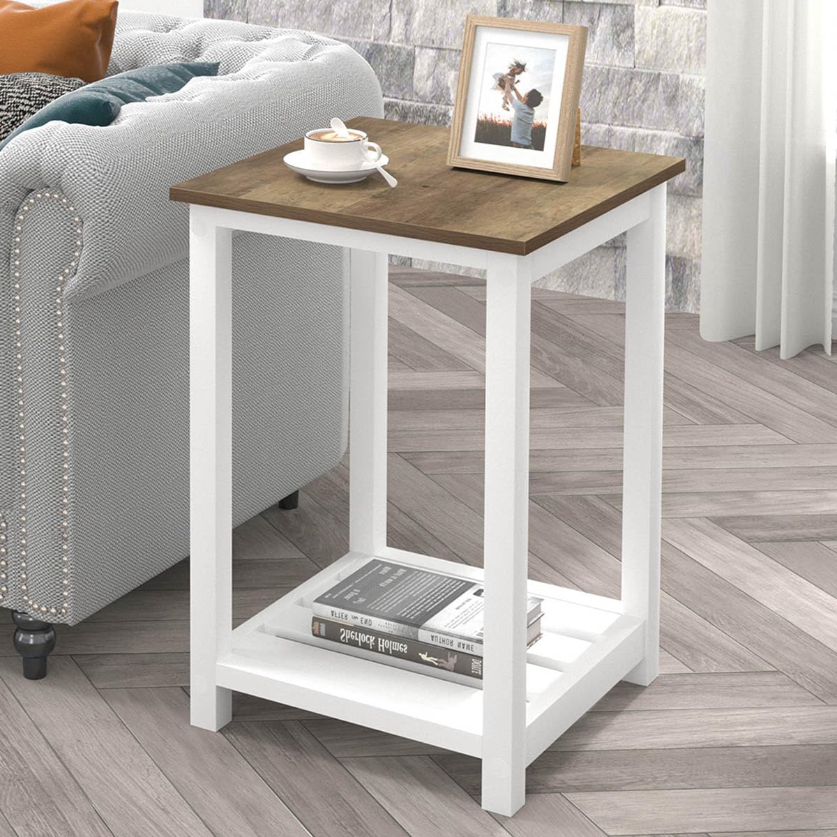 Photo 1 of FOLUBAN Farmhouse End Table with Storage Shelf, Modern Side Table for Living Room, Rustic Wood Nightstand for Bedroom, White