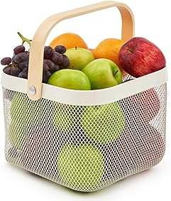 EZOWare Cesta de Almacenaje Decorativo Multiuso de Alambre Metálica con Asa de Madera, Caja Organizador para Cocina Baño Alimentos Armario - Color Blanco 