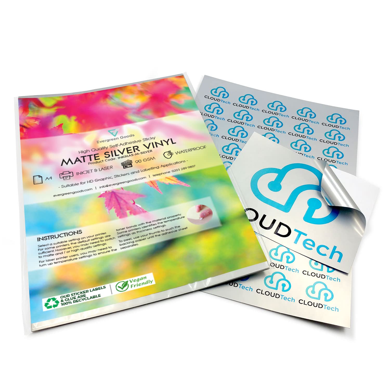 Evergreen Goods 10 x A4 Printable Matte Silver Vinyl Sticker Labels | Inkjet & Laser Printable - Waterproof | Metallic Self-Adhesive | Suitable for Cricut & Other Cutters