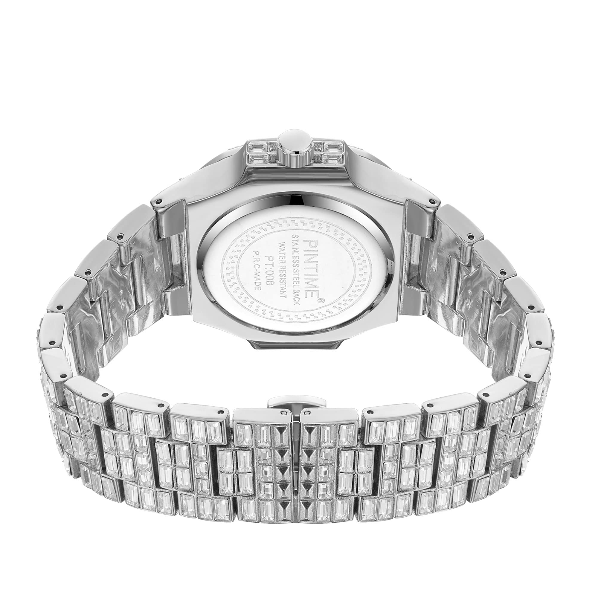 DROCUAMGOYA Top Bling Luxury Men Diamond Watch Full Iced Out Baguette Quartz Analog Date Wrist Watch Stainless Steel Waterproof Watches Hip Hop Rapper (Silver)