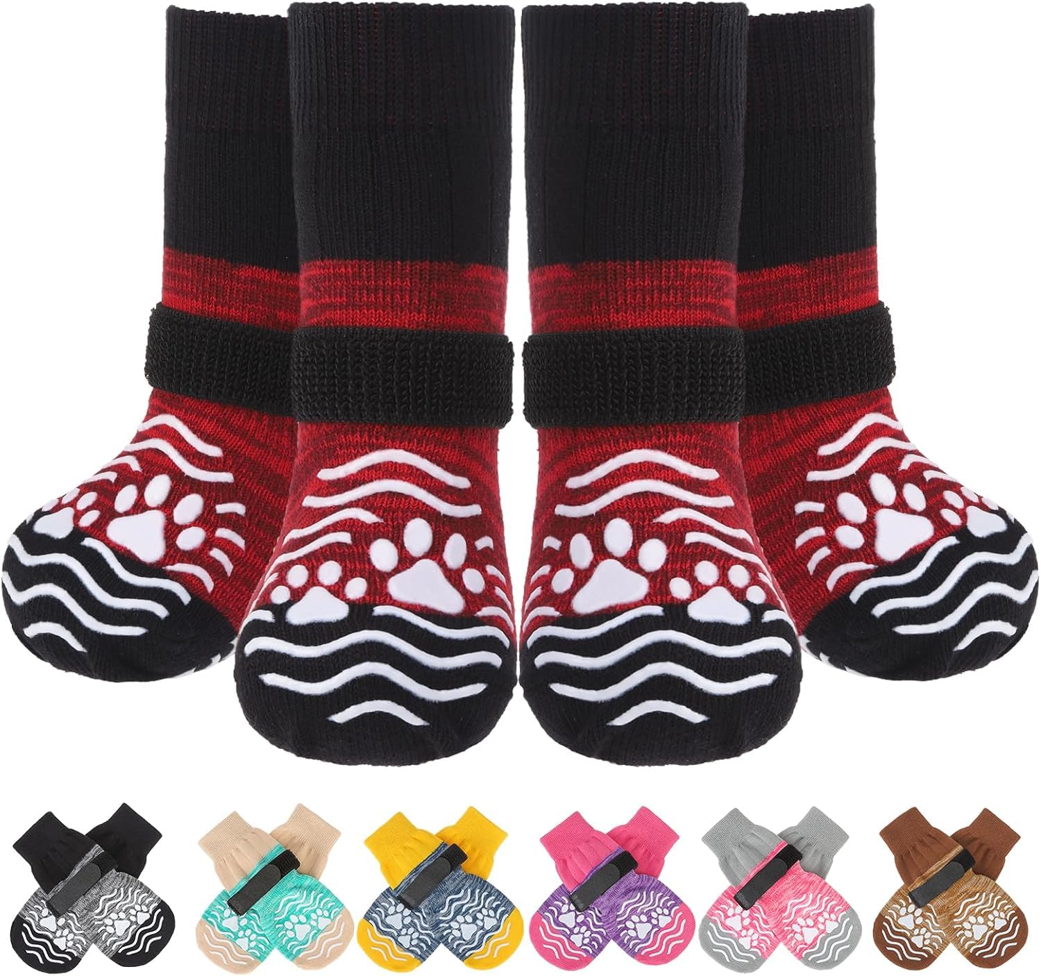 Photo 1 of PUPTECK Anti Slip Dog Socks, Shoes with Grippers to Prevent Licking Hardwood Floors Traction, Rubber Boots & Paw Protectors, Senior Dogs Booties Red
