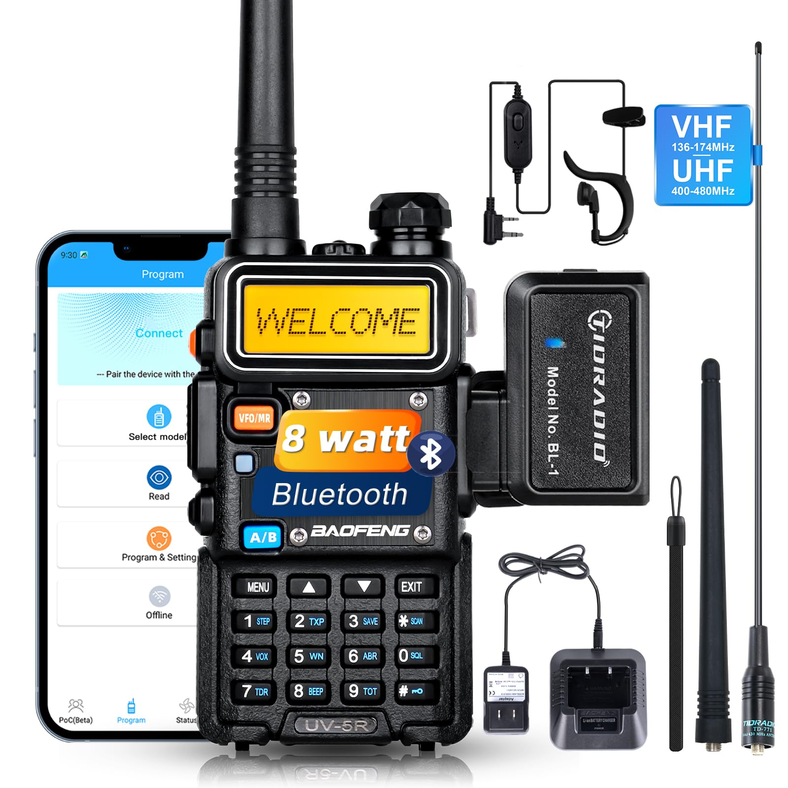 Photo 1 of BaoFeng Radio UV-5R Pro 8Watt Ham Radio Handheld, Supported Phone Program, Wireless Programmer with 771 Long Antenna Walkie Talkies Two Way Radio Survival Gear Full Kit