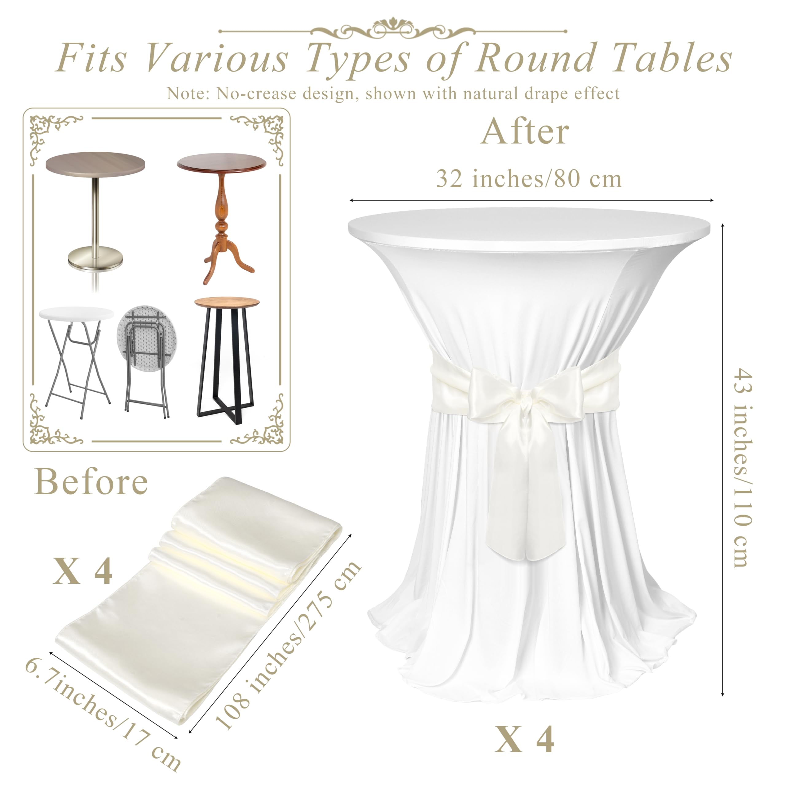 Condition photo showing As Is for kochorie 4 set cocktail table covers with satin sash, 32 x 43 inch round cocktail table skirt, spand