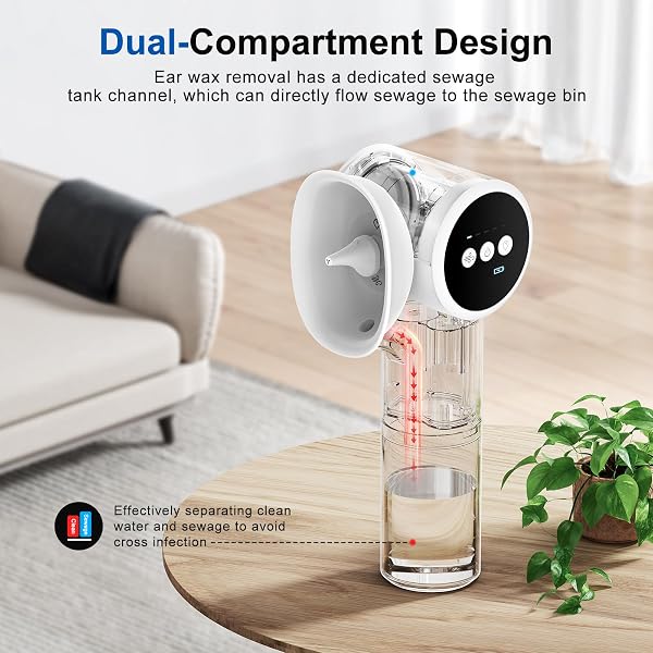 UPGRADED EAR WAX REMOVAL WITH MILD DRYING, SAFE EAR CLEANER FOR EAR WAX BUILDUP FLUSHING AND CLEANING WITH DUAL-COMPARTMENT DESIGN, EAR WAX CLEANER KIT 5 PRESSURE SETTINGS & USB-C CABLE, IPX7