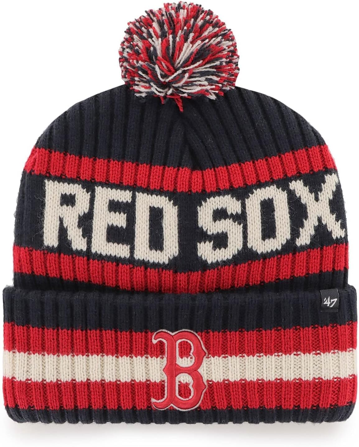 47 MLB Unisex-Adult Officially Licensed Primary Logo Bering Sport Knit Cuffed Pom Beanie Cold Weather Hat - Boston Red Sox Navy Image