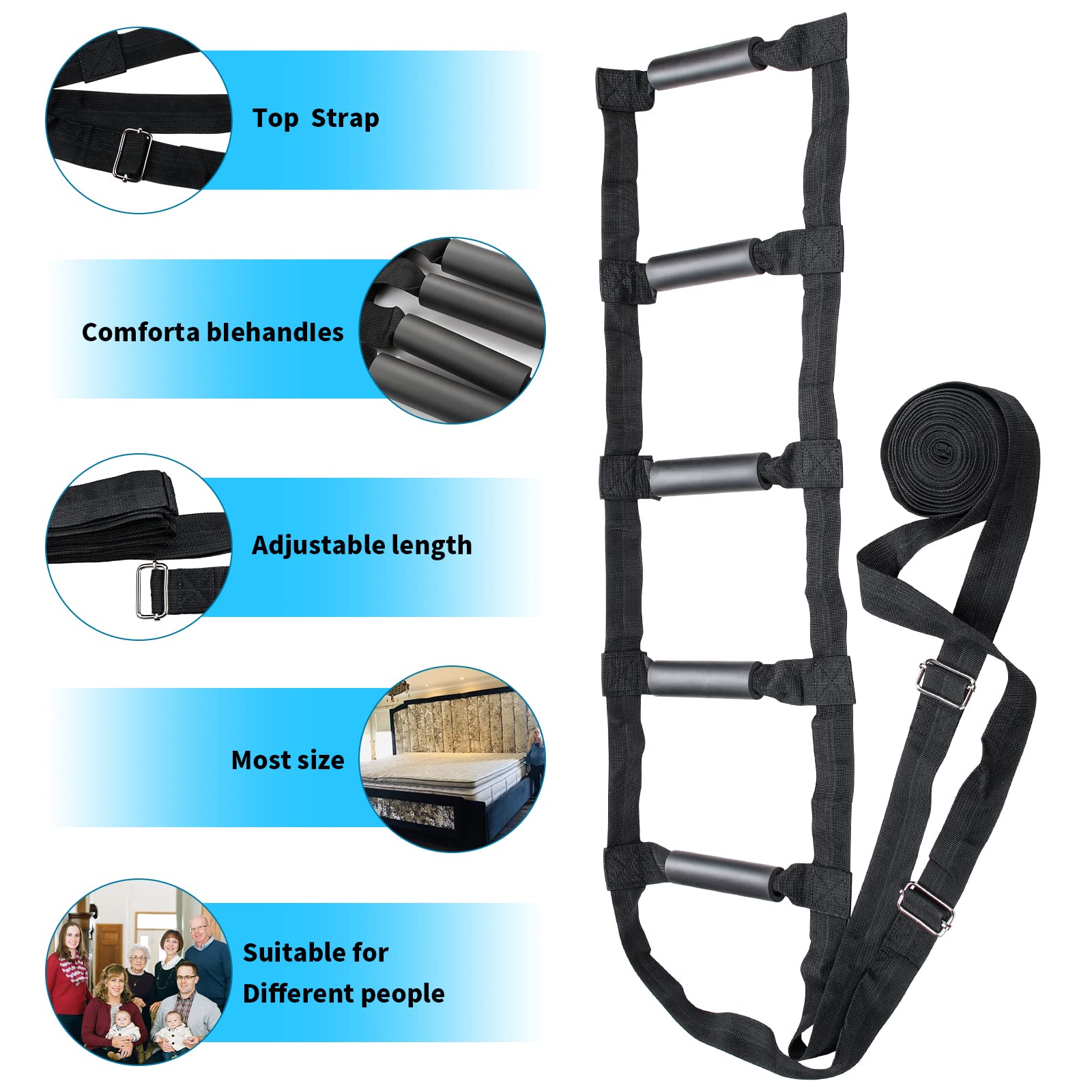 ZUEXT Bed Ladder Assist 160 Inch, Black Pull Up Assist Device w/ 5 Handles Grips, Adjustable Rope Ladder Straps, Sit Up Handle Helper for Elderly Seniors Adults Pregnant Injury Handicapped Patients