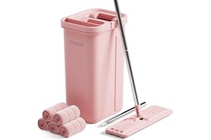 JOYMOOP Mop and Bucket with Wringer Set, Hands Free Flat Floor Mop and Bucket, 60" Mop with 5 Reusable Microfiber Pads, Wet a