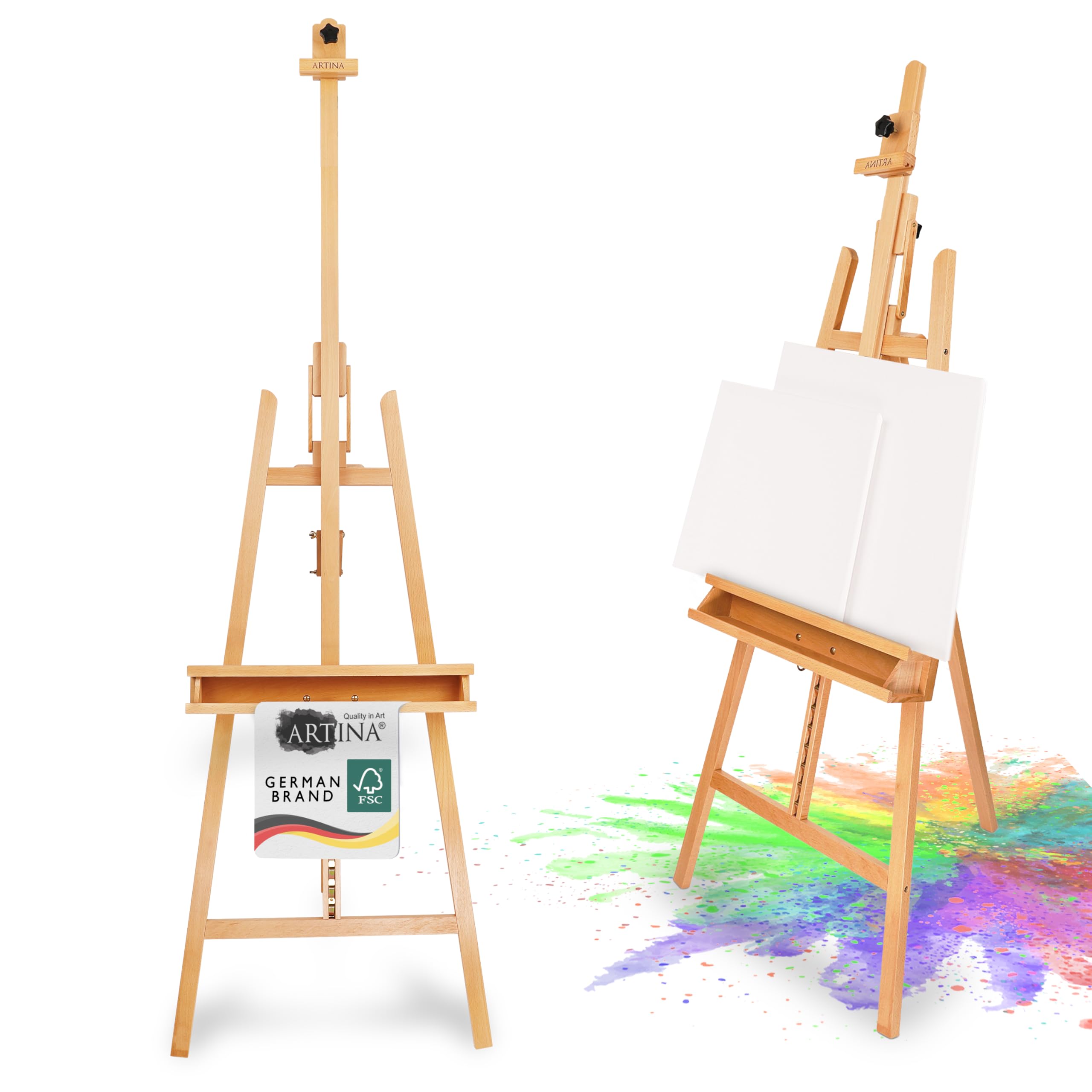 Artina FSC© Beech Wooden Easel Stand for Painting Barcelona - Studio Artists Painting Art Easel for Adults Canvases up to 120 cm - 225cm Height Adjustable Canvas Holder Display for Weddings Events