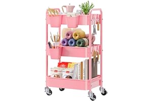 AOFURE 3 Tier Rolling Cart Metal with Lockable Wheels, Pink Three Tiered Diaper Caddy Cart Organizer on Wheels, Storage Utility Trolley Carts for Craft, Art, Nail, Lash, Baby Supplies, Cleaning, Mesh