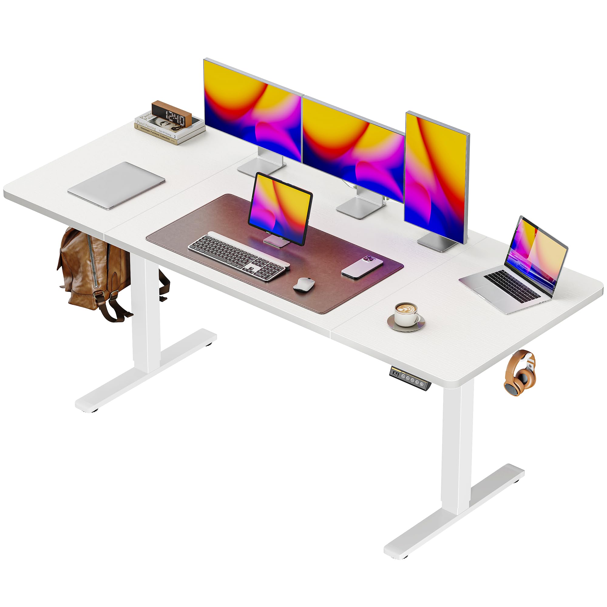 Photo 1 of Huuger 63 x 28 Large Electric Standing Desk, Height Adjustable Computer Desk, 27.6" Deep Desktop, Stand up Gaming Office Table with 2 Hooks, 3 Preset Heights, for Home Office, White