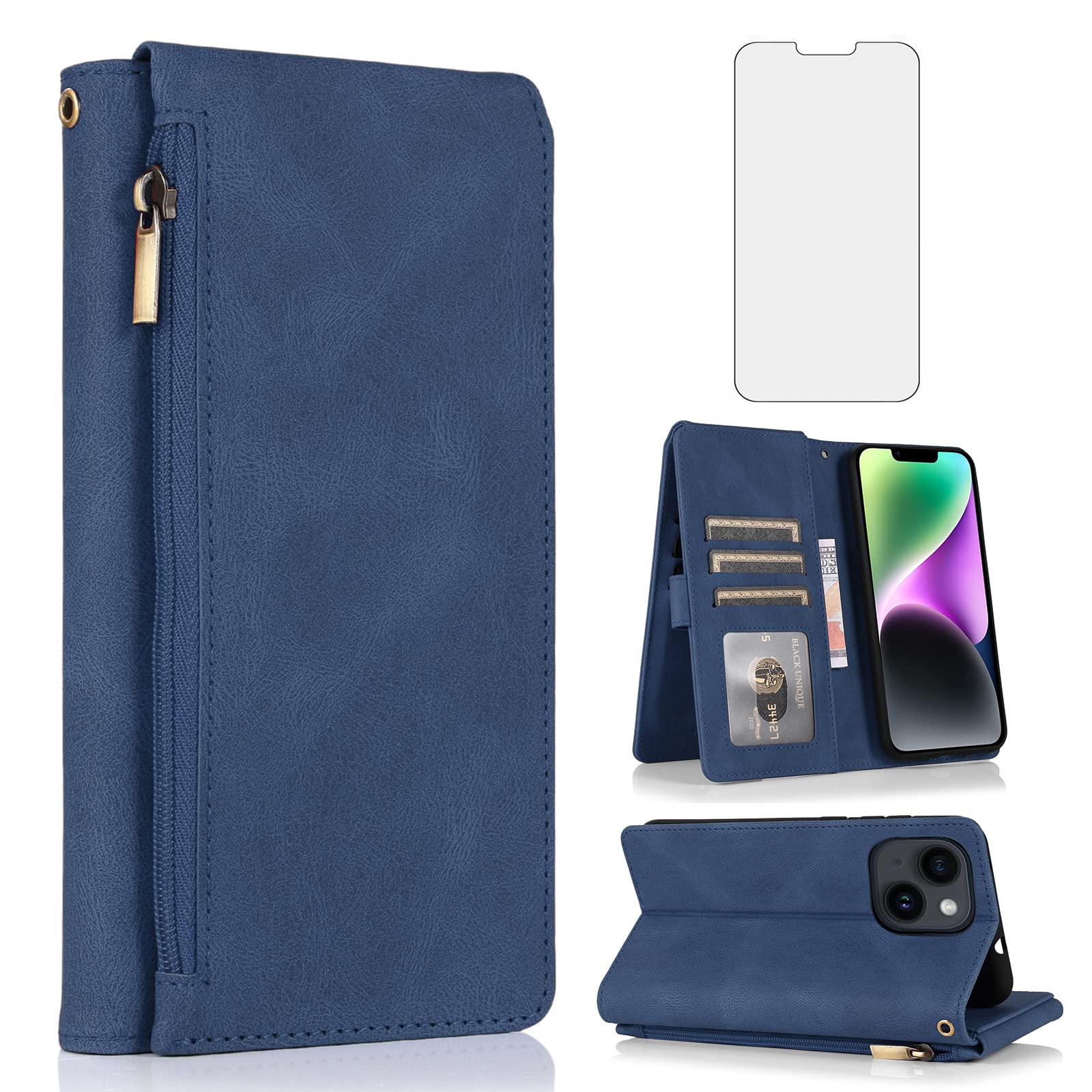 Compatible with iPhone 14 Plus 6.7 inch Wallet Case Screen Protector and Zipper Retro Leather Flip Cover Card Holder Stand for i-Phone 14+ iPhone14Plus 5G i i14 + iPhone14 14Plus Women Men Navy Blue