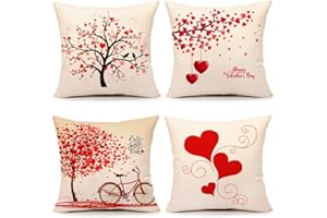 4TH Emotion Valentines Day Throw Pillow Covers 18x18 Set of 4 Red Love Heart Home Decorations Cushion Case for Sofa Couch Polyester Linen